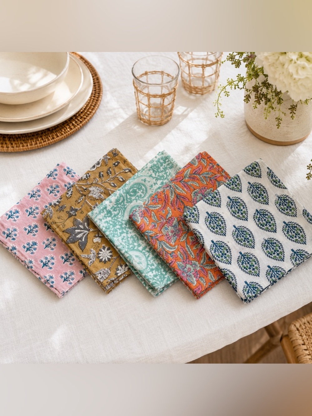 Set of 5 Block Print Cotton Napkins Floral Paisley Boho Coastal 16” Square